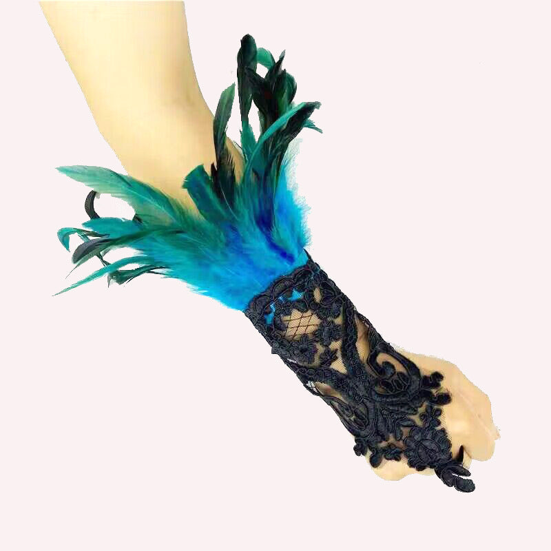 Gothic Feather Lace Gloves – Halloween Costume Accessory