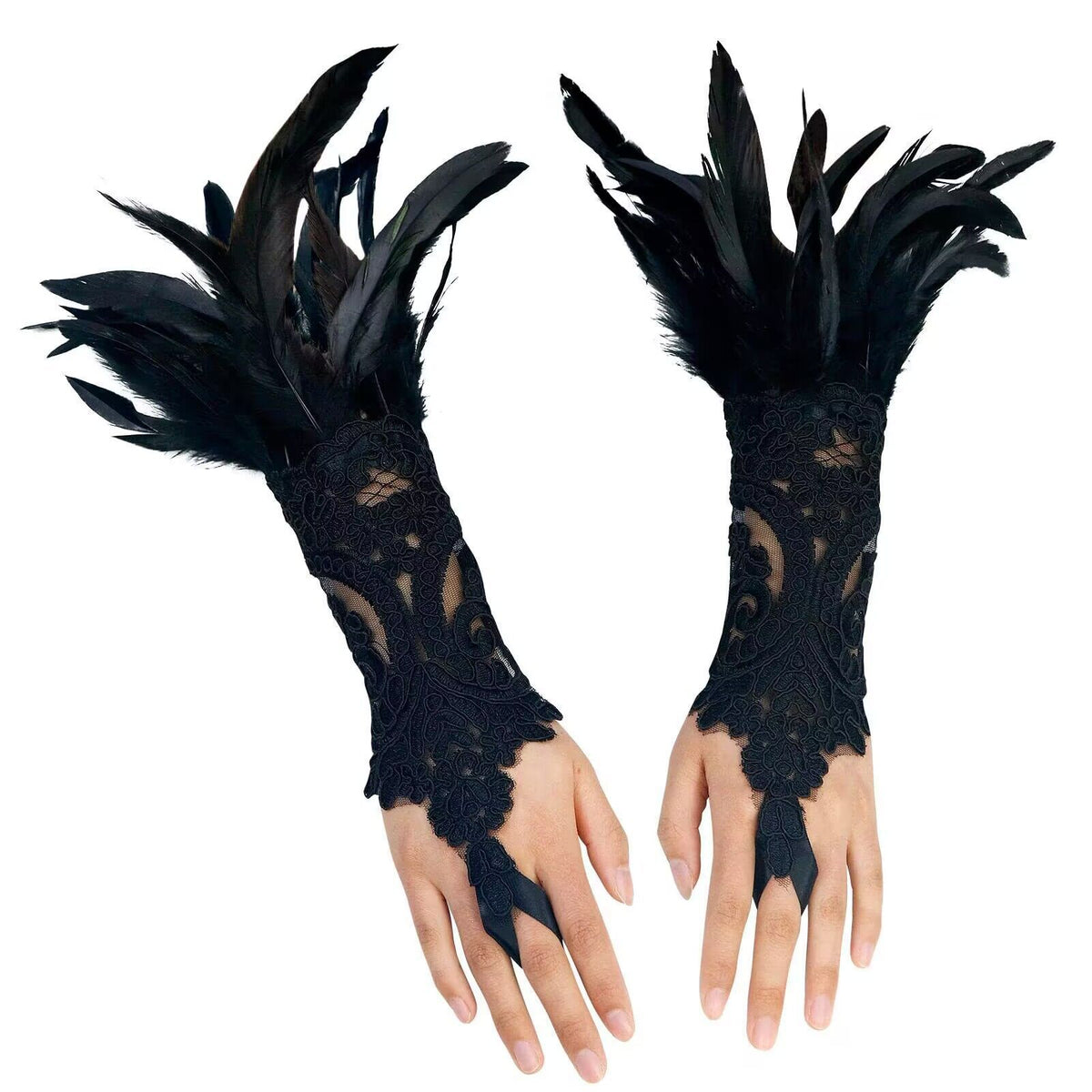 Gothic Feather Lace Gloves – Halloween Costume Accessory