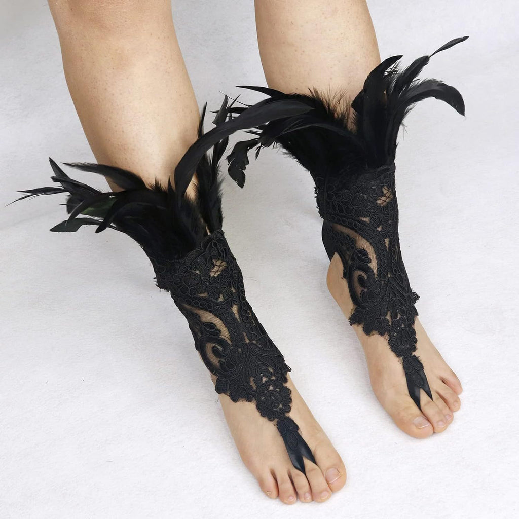 Gothic Feather Lace Gloves – Halloween Costume Accessory