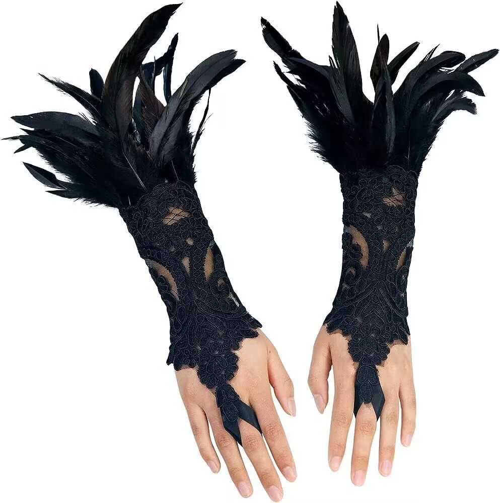 Gothic Feather Lace Gloves – Halloween Costume Accessory