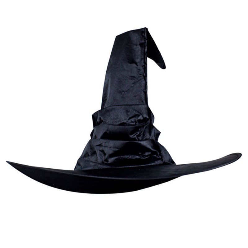 Curved Black Pleated Witch Hat for Halloween